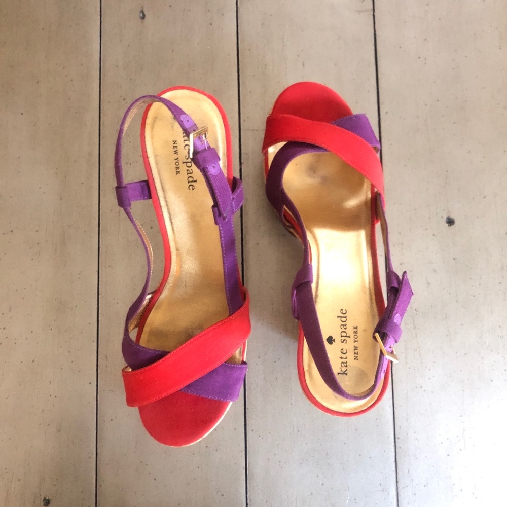 Kate Spade Red & Purple Strap Cork Wedges Size 9